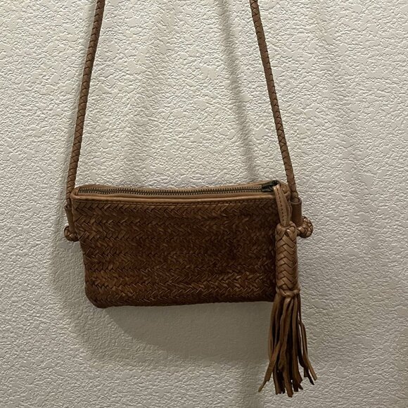 Marta Ponti Handbags - Marta Ponti Saddle Tan Woven Shoulder Cross Body Bag with Fringe Zipper Pull